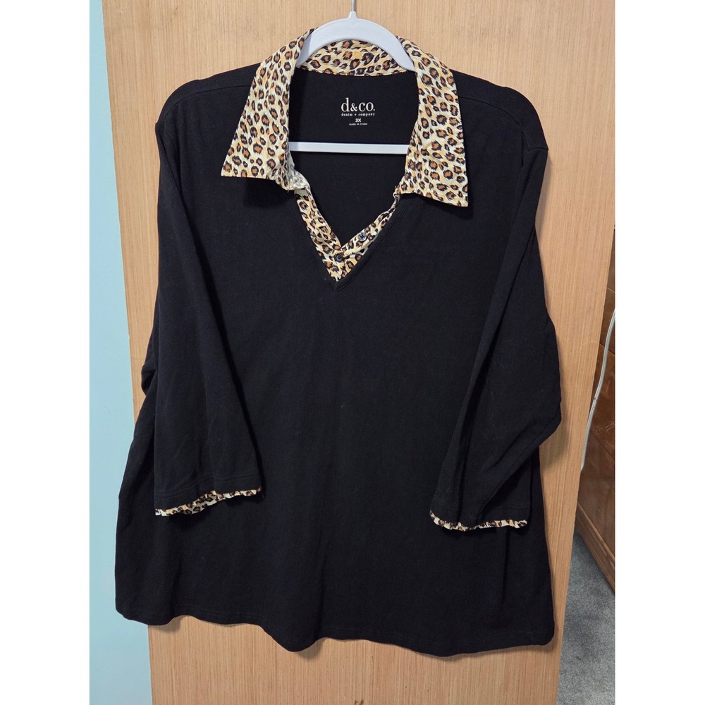 d&co. Size 3X Ladies Black‎ Leopard Trim 3/4 Sleeve Knit Blouse Plus Size